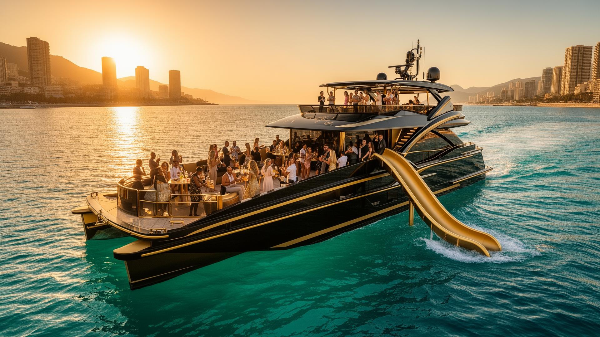 Pontoon party boat with water slide in Benidorm