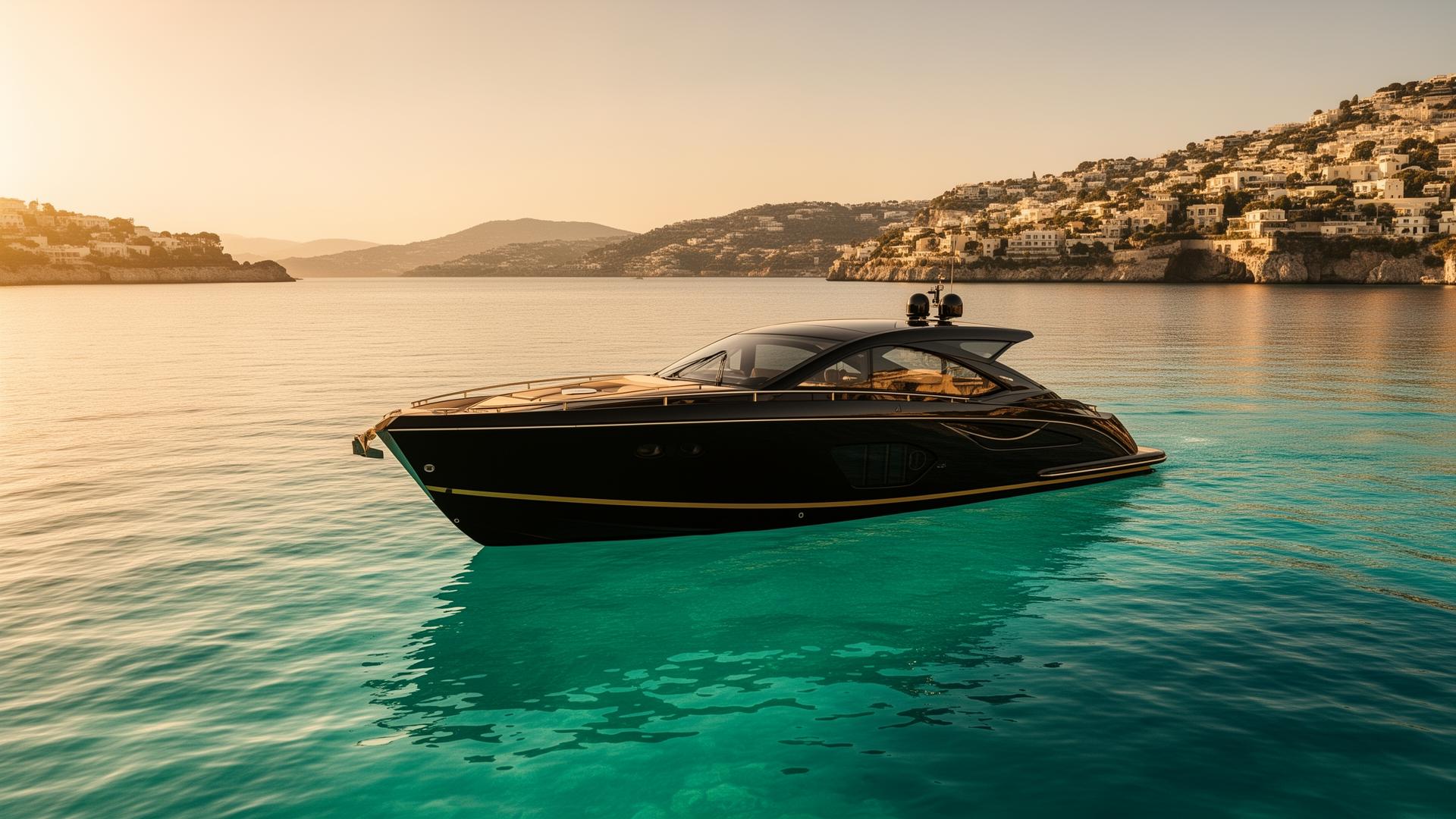 Private luxury speedboat on turquoise water